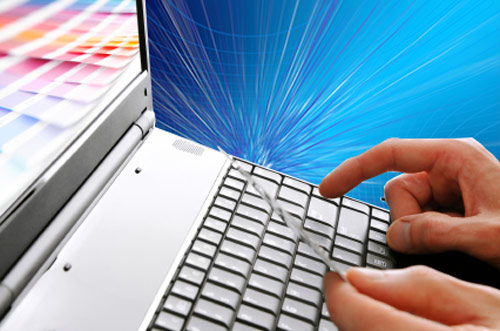 laptop with intense blue background